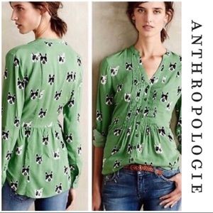Anthropologie Maeve Green Pintuck Boston Terrier / French Bulldog Button Up Top